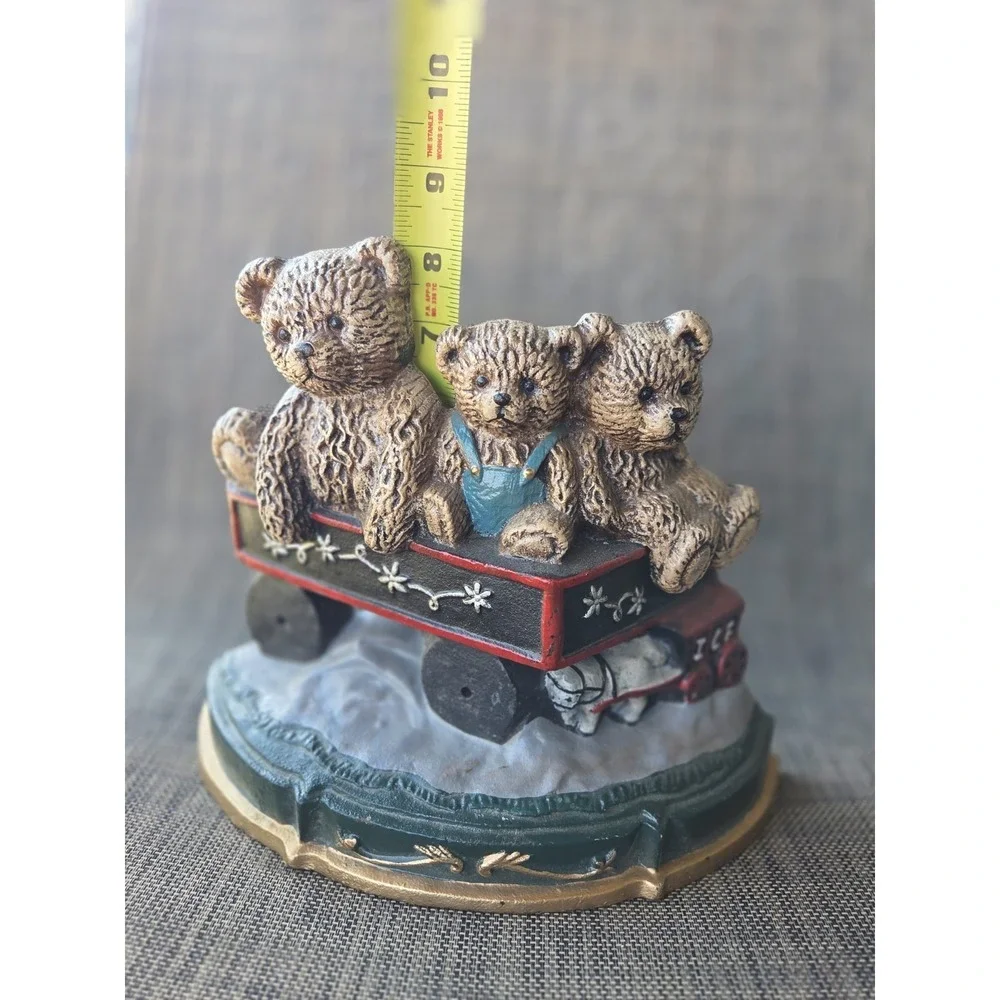 Vtg 🧸 Three Teddy Bear Cast Iron Train Car Doorstop Bookend Decor Heavy